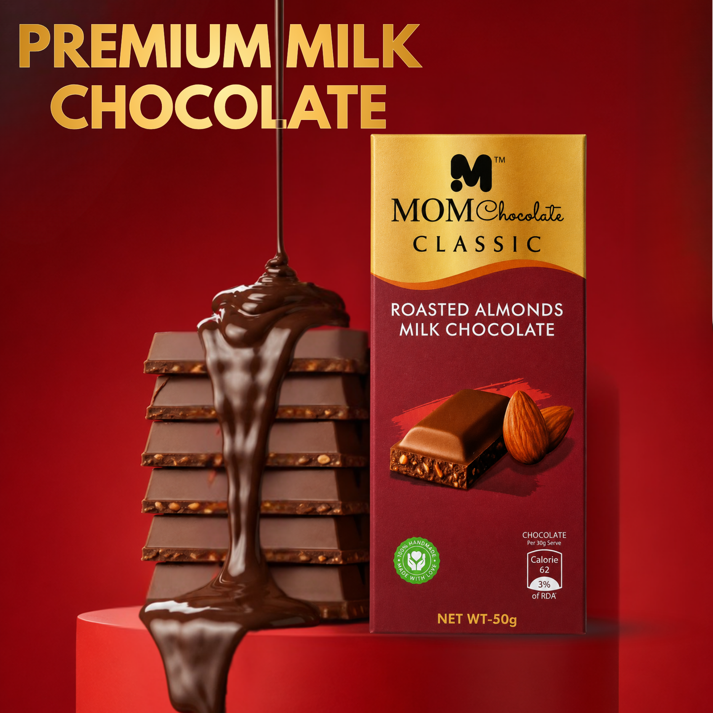 MOM Chocolate Classic Roasted Almond Milk Chocolate Bars | Creamy Handmade Milk Chocolate | Pack of 5 x 50g